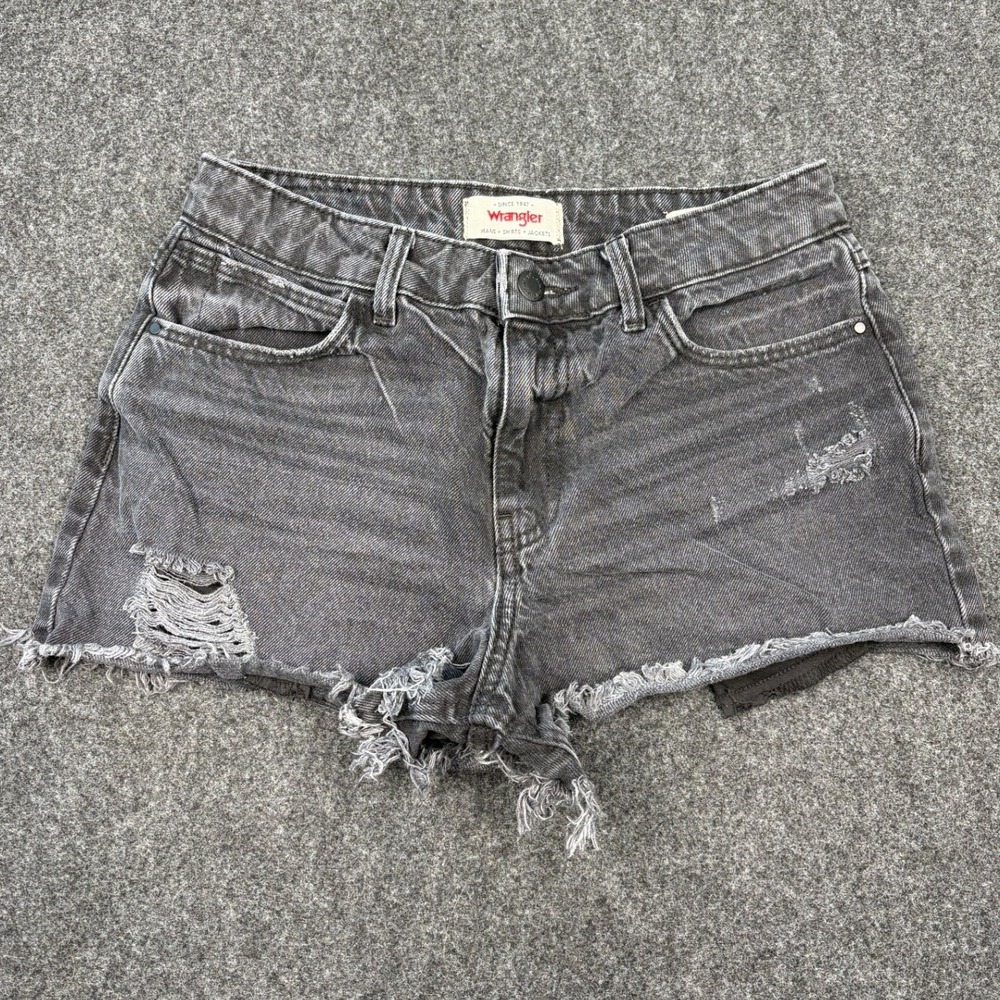 Wrangler High Rise Vintage 3 in Distressed Denim Shorts Washed Black Grey 29